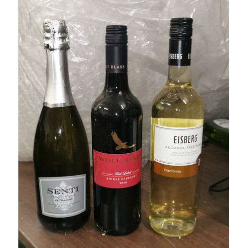 113 - 3 x unopened 750 ml bottles being Senti prosecco extra dry, 2018 Wolf Blass shiraz cabernet & Eisber... 