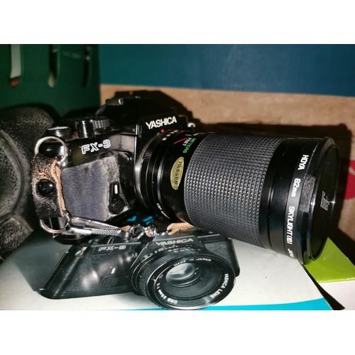23 - Retro Yashica FX-3 35 mm camera with 55 mm Yashica lens and Vivitar 28-85 mm lens in canvas carry ba... 