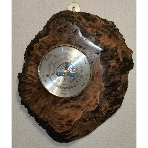 15 - Retro Daymaster barometer mounted onto approx 28 x 25 cm salmon gum (eucalyptus) timber slice