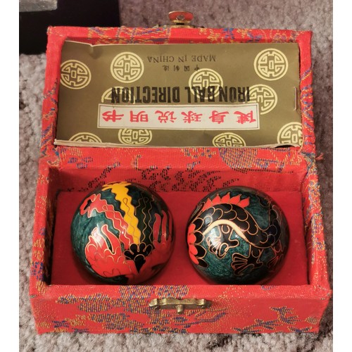 80 - Vintage dragon pattern Chinese iron balls in case