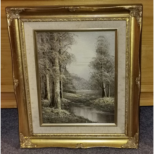 421 - 31.5 x 36.5 cm gilt framed oil on board wooded stream painting signed W. Norwood