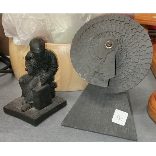 389 - 13 cm tall Studio Two Wales coal figure and Welsh slate love token fan