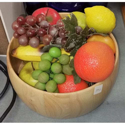 390 - Large wooden bowl full of plastic fruit