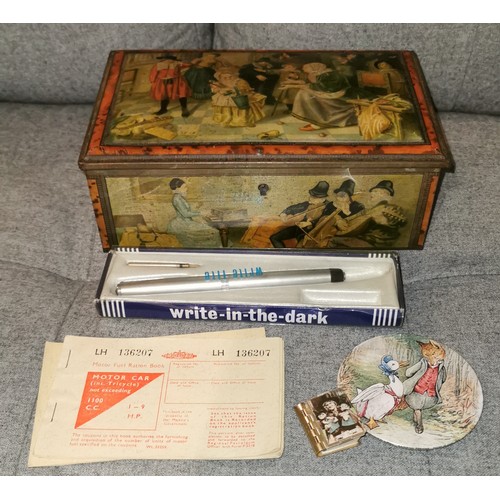 482 - Vintage picture tin with key and some contents