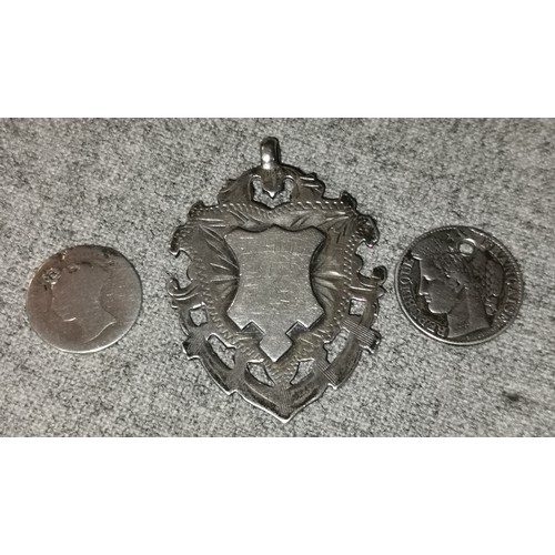 522 - Silver presentation shield, 1881 French 50 cent coin and 1848 silver 3d coin