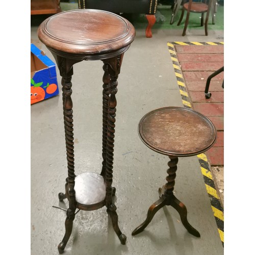 178 - 60 cm tall old oak wine table with barley twist pedestal and 102 cm tall 19th century style repro pl... 