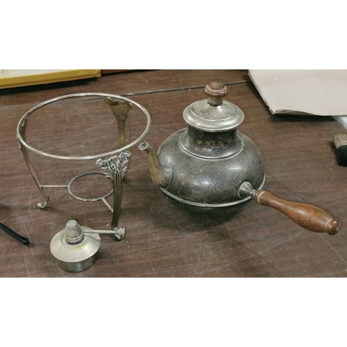 46 - WA Italy stamped white metal spirit kettle with rare side stick handle