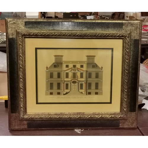 59 - 69.5 x 59 cm antique gold framed and mounted building elevation engraving print (not dot)