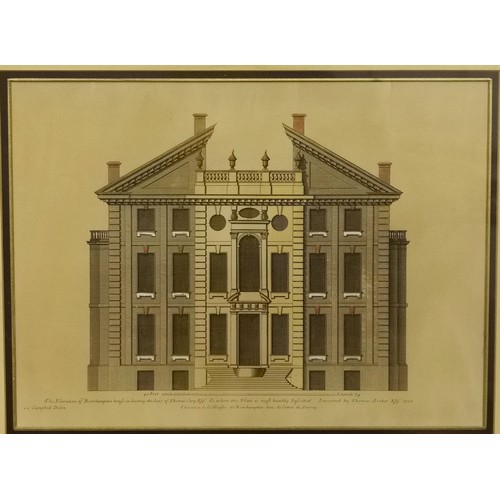 60 - 69.5 x 59 cm antique gold framed and mounted Rowhampton House elevation engraving print (not dot)