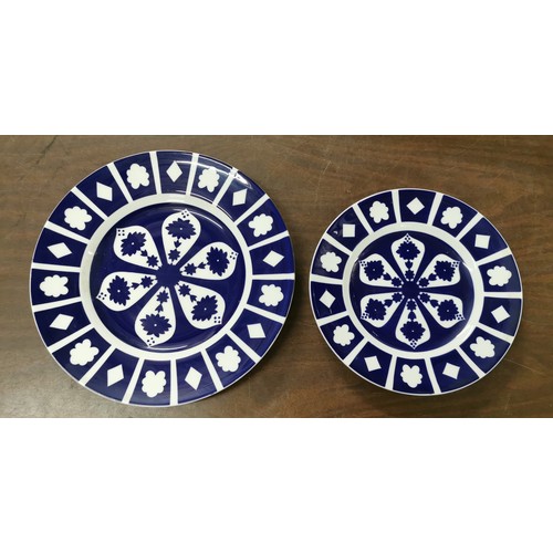 44 - Graduated pair of unstamped Royal Crown Derby blue and white/unpainted Imari plates, largest 27 cm d... 