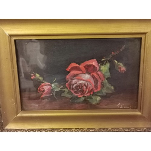 61 - 32 x 23 cm gilt framed and 1 x other unframed still life floral paintings on board signed A. Cowley