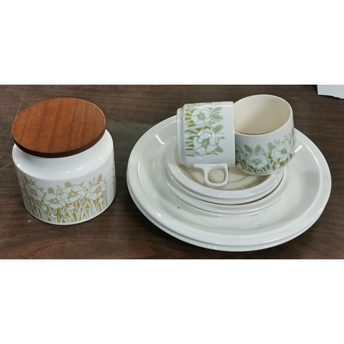 127 - 2 place setting retro 1970's Hornsea Pottery 'fleur' 8 piece dinner set with matching storage caddie