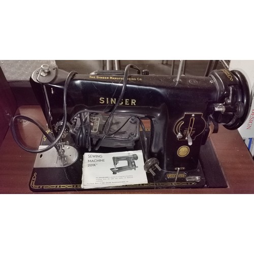 69 - Vintage Singer 201K sewing machine with manual mounted into retro table