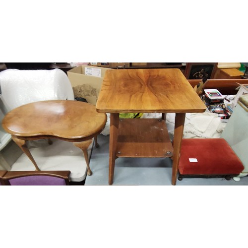 208 - Art deco kidney shaped table, 2 tier table and footstool bundle