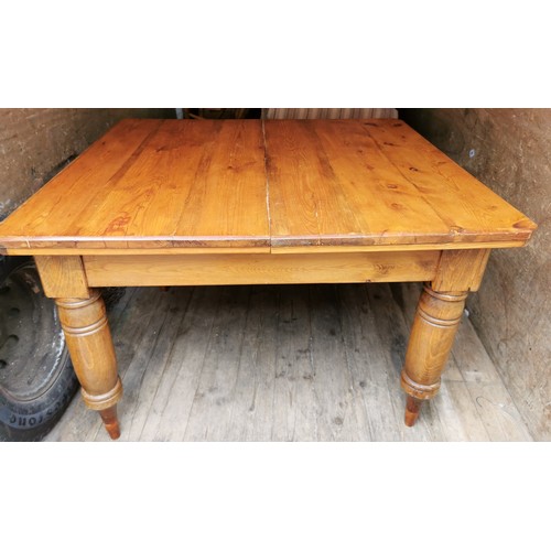 214 - Approx 119 x 106 cm wide old pine, crank wind, extending farmhouse table with 2 x 29 cm extending se... 