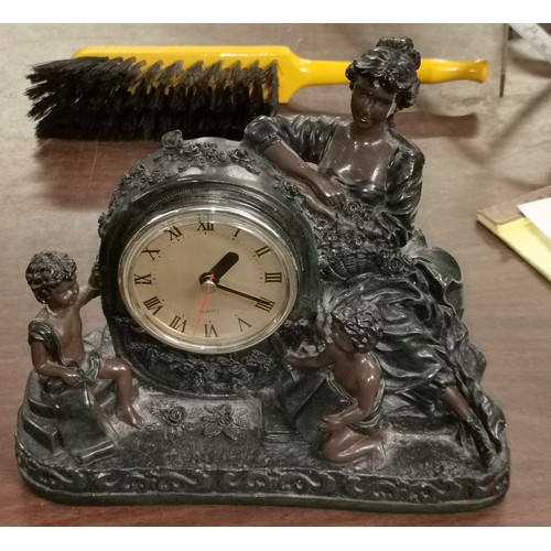 34 - 23 x 10 x 19 cm bronze look figural quartz, Roman numeral mantle clock