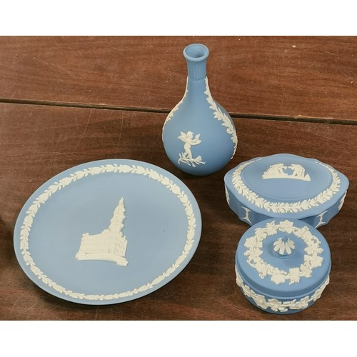 159 - Small bundle of white on blue, Wedgwood Jasperware pots, plate and  bud vase