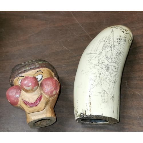 120 - Vintage carved wooden puppet head Snow White dwarf? and resin replica scrimshaw with Napoleon detail... 