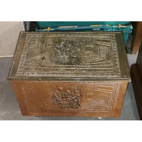 97 - Vintage brass coal box with embossed brass scenic outer