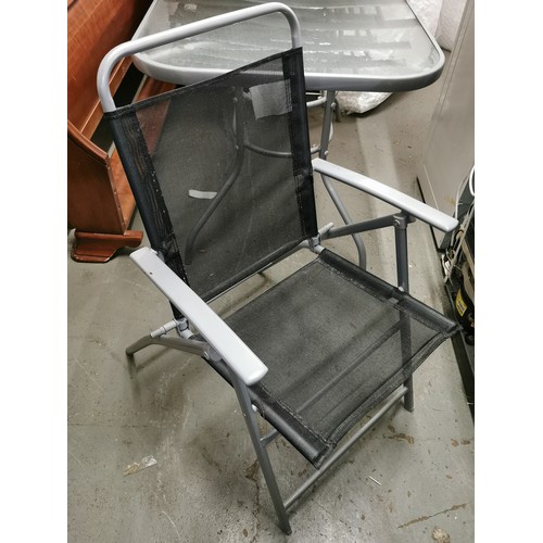 280 - Grey metal and glass garden table with 6 x folding chairs