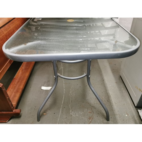 280 - Grey metal and glass garden table with 6 x folding chairs