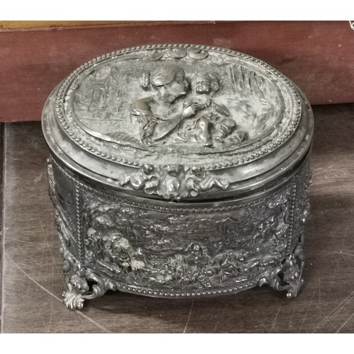 6 - 12 x 10 x 10 cm white metal ornate embossed jewellery box stamped on base AB