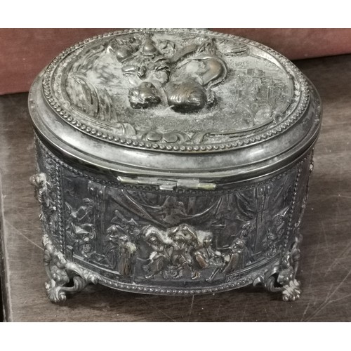 6 - 12 x 10 x 10 cm white metal ornate embossed jewellery box stamped on base AB