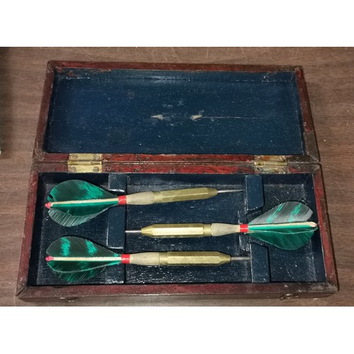 4 - Set of early feather flight brass darts in wooden case