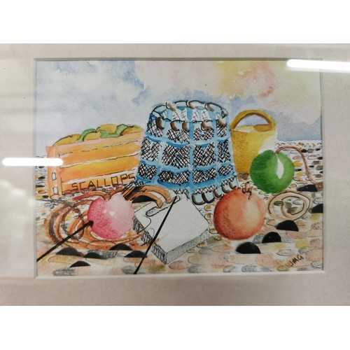 239 - 34.5 x 30 cm framed and mounted water colour and pen painting titled beach sketch by Jennifer Gilber... 