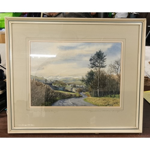 82 - 53.5 x 45 cm framed and mounted large painting titled approaching Dooley Bridge by Jill Aldersley