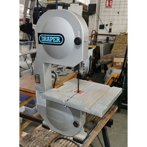 267 - Draper 2 wheel bandsaw attached to workmate and mounted onto portable trolley