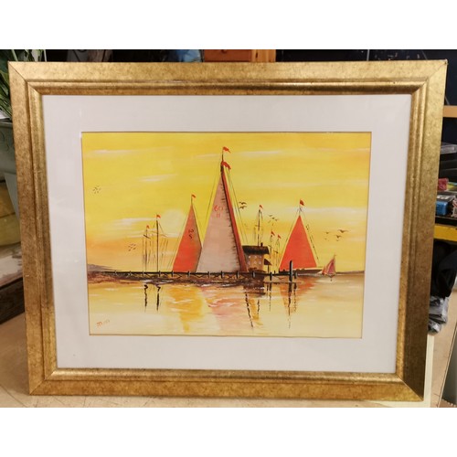 8 - 58.5 x 48 cm gilt framed and mounted sailing boats painting initialled and dated 1991