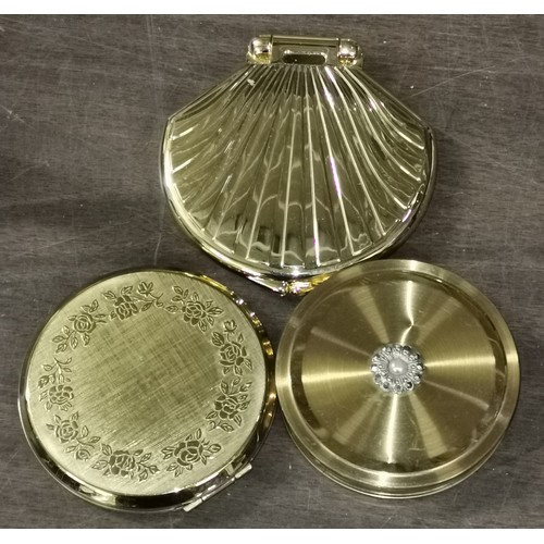 11 - 2 x vintage gold tone compacts, Stratton & Margaret Rose plus modern clam shell powder mirror