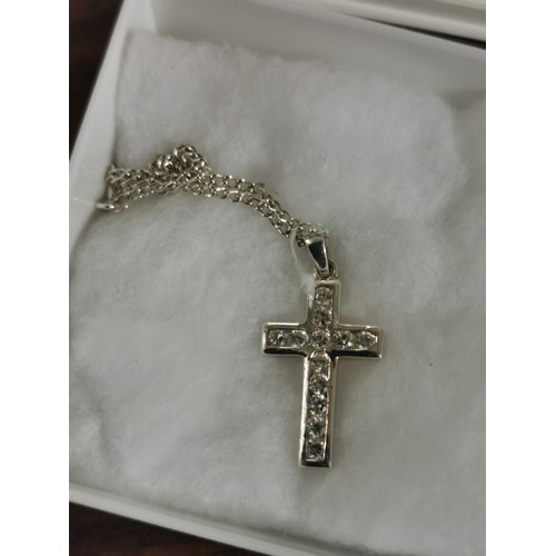 110 - 2.5 x 1.5 cm CZ set silver cross pendant on 18