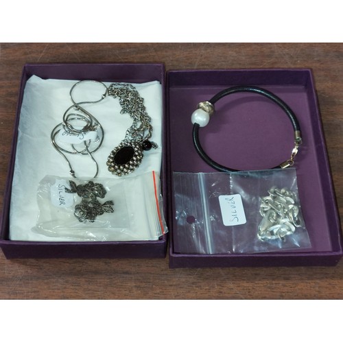 113 - Bundle of assorted silver jewellery being 2 x necklaces 1 with pendant, 2 x bracelets & earrings - a... 