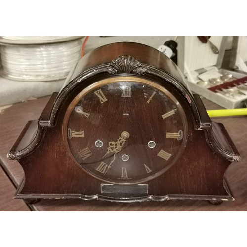 245 - 37 x 12 x 27 cm ornate Smiths mantle clock with pendulum but no key. Hallmarked silver presentation ... 