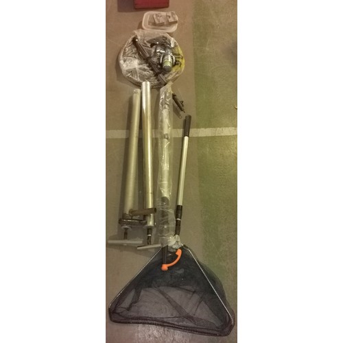 99 - Fishing bundle to include as new telescopic boat hook, telescopic rod and reel. nets etc