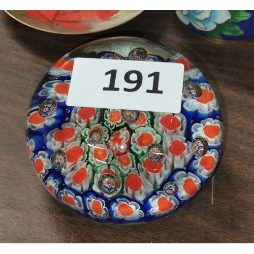 191 - 9 cm diameter millefiori style art glass paperweight