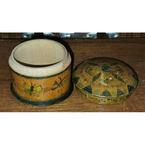 258 - 19th century 7 cm diameter and 6 cm tall treen ware lidded pot - motto reads 'hours have wings. They... 