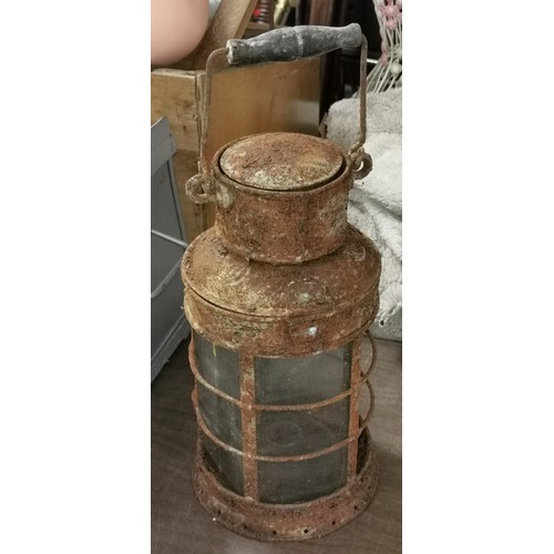 130 - 18 inch old hand held lantern, rusty but all original glass intact