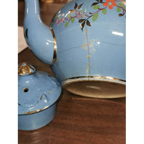 320 - Small bundle of assorted old ceramics of teapot with stand and matching hot water pot, 2 x tankards ... 