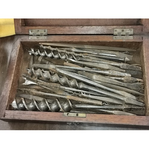 65 - 28 x 18 x 8 cm old wooden box with assorted old drill bits etc