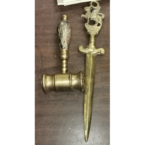 323 - Old brass gavel and Wales letter opener