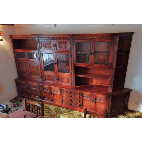 374 - Wood Bros old oak charm 3 section wall unit, total measurements 128 inches wide, 20 inches deep and ... 