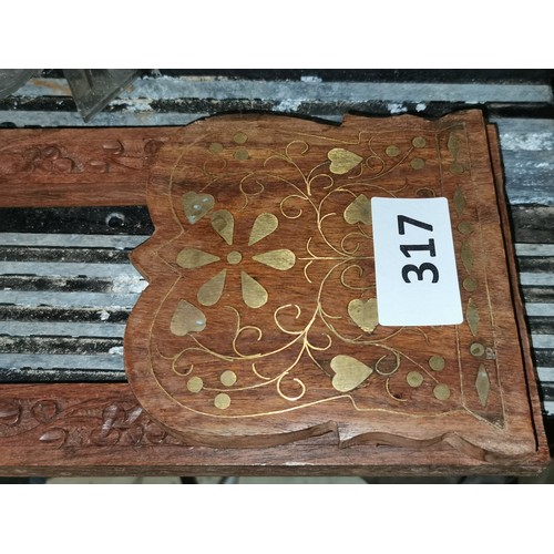 317 - Brass inlaid carved desk top extending book shelf, extends to 50 cm