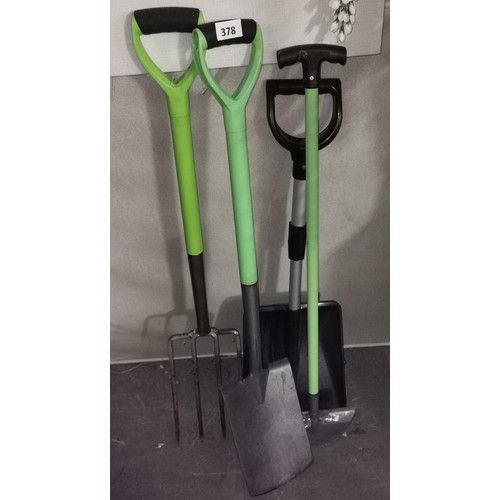 378 - As new garden fork, spade and edging tool plus plastic telescopic handle shovel