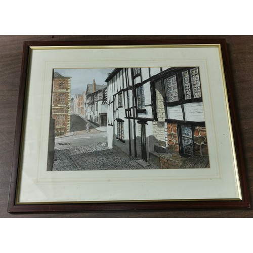 100 - 47.5 x 38.5 cm framed and mounted cobbled street (chester?) scene painting by John G. Kay