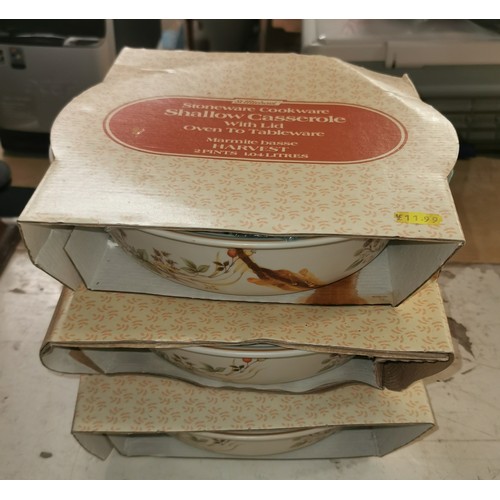 112 - 3 x boxed and unused retro St Michaels harvest 2 pint casserole pots with lids - boxes tad rough fro... 