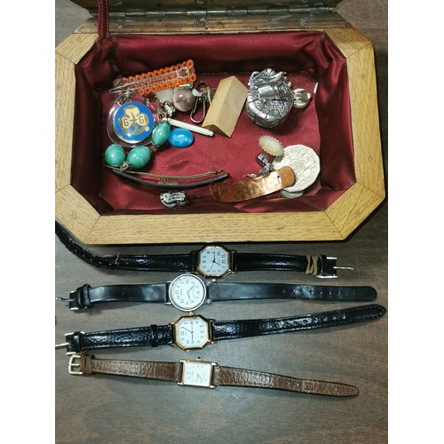 7 - Old wooden jewellery box and contents