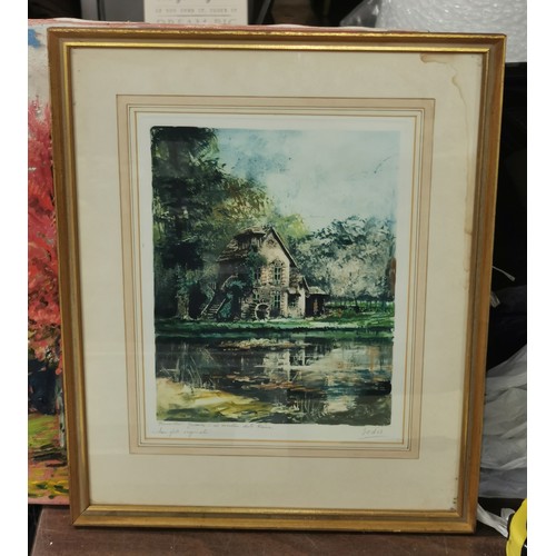 57 - 33.5 x 41 cm framed and mounted mill scene picture (not dot print) with pencil written description a... 